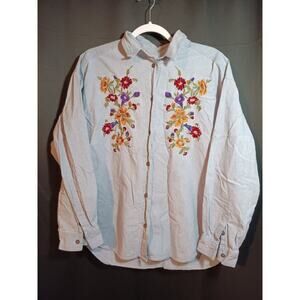 Leslie Fay Womens Size Large Chambray Shirt Embroidered Flowers Long Sleeve